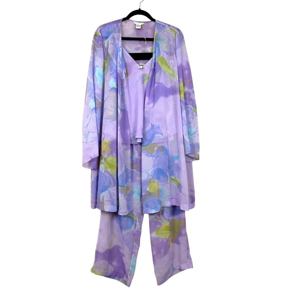 Ivy & Annabelle Womens 3 Piece‎ Pajama Sleepwear Set Kimono Top Pants Floral L